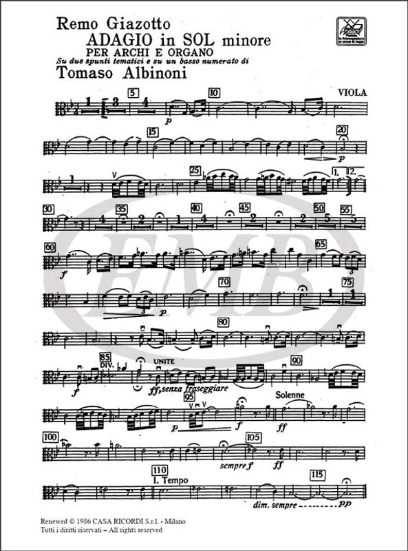 Albinoni, Tomaso: ADAGIO IN SOL MINORE PER ARCHI E ORGANO / PARTI (ARCHI: 3 VLI, 3 VLII, 2 VLA, 2 VC, 1 CB , ORG) / Arranged by Giazotto, Remo / Ricordi
