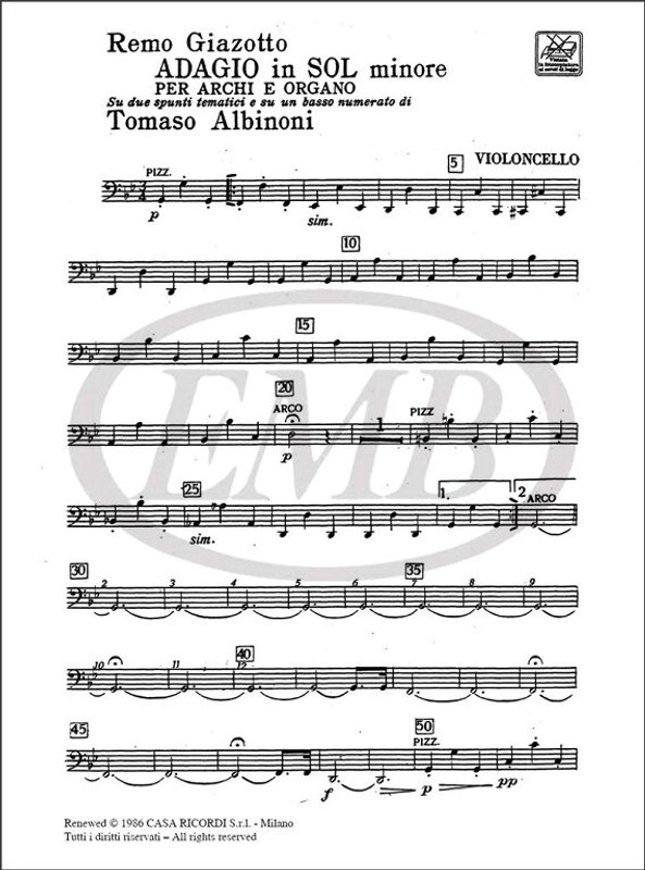 Albinoni, Tomaso: ADAGIO IN SOL MINORE PER ARCHI E ORGANO / PARTI (ARCHI: 3 VLI, 3 VLII, 2 VLA, 2 VC, 1 CB , ORG) / Arranged by Giazotto, Remo / Ricordi