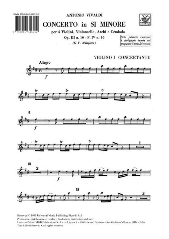 Vivaldi, Antonio: CONC. PER VL. E VC. SOLISTI, ARCHI E B.C.: PER 4 VL. E 1 V / C. IN SI MIN. OP.III N.10 - RV 580 - F.IV/10 / Ricordi