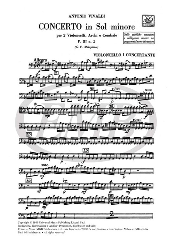 Vivaldi, Antonio: CONC. PER VC., ARCHI E B.C.: PER 2 VC. IN SOL MIN. RV 531 / Ricordi