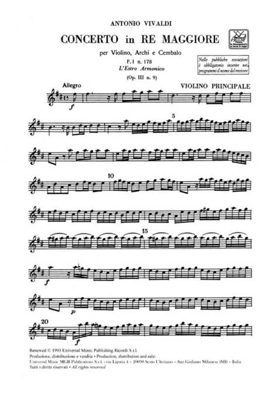 Vivaldi, Antonio: CONC. PER VL., ARCHI E B.C.: IN RE OP.III N.9 - RV 230 - F .I/178 / Ricordi