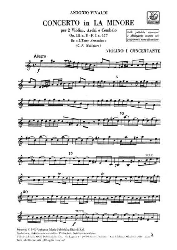 Vivaldi, Antonio: CONC. PER VL., ARCHI E B.C.: PER 2 VL. IN LA MIN. OP.III N .8 - RV 522 - F.I/177 / parts / Ricordi / 1987