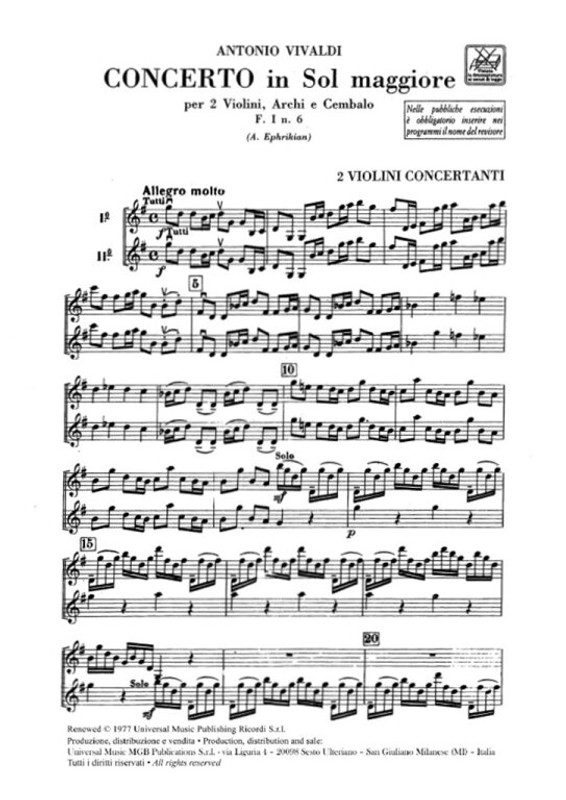 Vivaldi, Antonio: CONC. PER VL., ARCHI E B.C.: PER 2 VL. IN SOL RV 516 - F.I /6 / parts / Ricordi / 1988