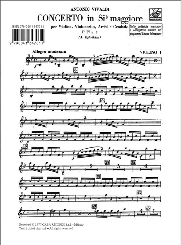 Vivaldi, Antonio: CONC. PER VL. E VC. SOLISTI, ARCHI E B.C.: IN SI BEM. RV 547 - F.IV/2 / parts / Ricordi / 1988