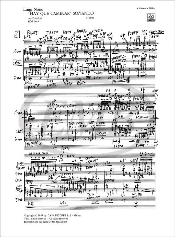 Nono, Luigi: 'HAY QUE CAMINAR' SONANDO PER 2 VL. KOE 20A / Ricordi / 1989 