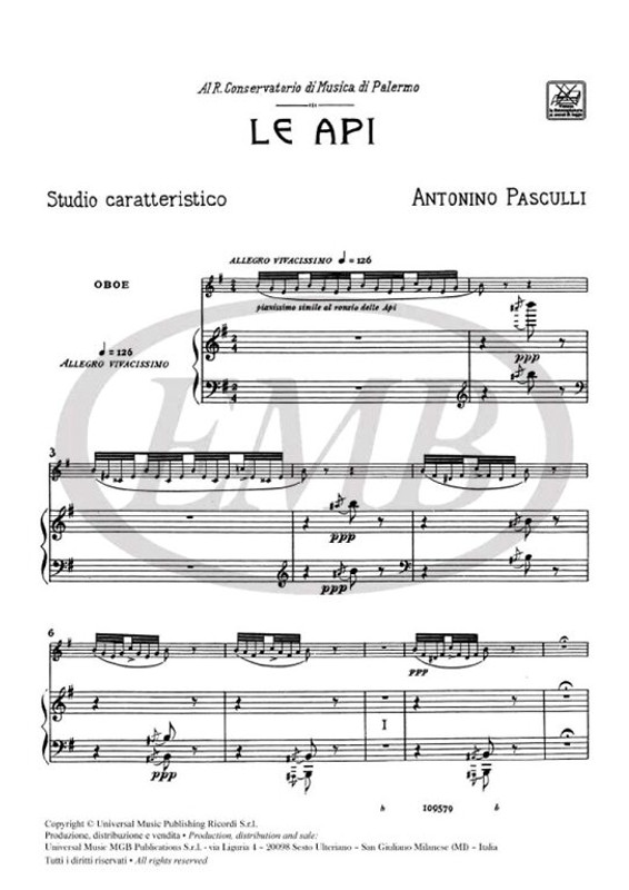 Pasculli, Antonio: API. STUDIO CARATTERISTICO PER OBOE CON ACC. DI PIANOFORTE / Ricordi