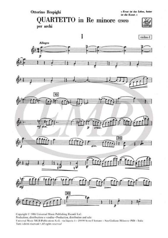 Respighi, Ottorino: QUART. PER ARCHI IN RE MIN. (1909) / Ricordi / 1989