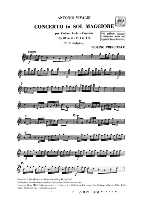 Vivaldi, Antonio: CONC. PER VL., ARCHI E B.C.: IN SOL OP.III N.3 - RV 310 - F.I/173 / parts / Ricordi / 1989
