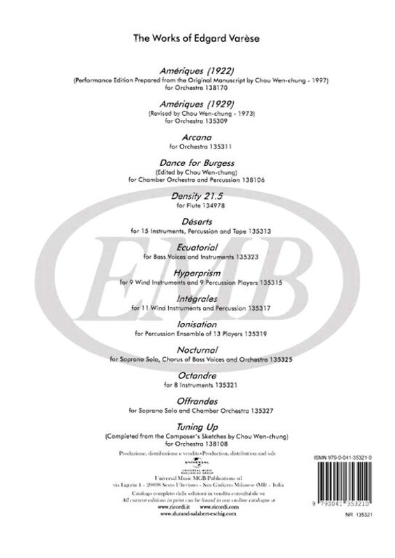 Varese, Edgard: OCTANDRE, FOR 8 INSTRUMENTS / REVISED BY CHOU WEN-CHUNG / Ricordi Varese, Edgard: OCTANDRE, FOR 8 INSTRUMENTS / REVISED BY CHOU WEN-CHUNG / Ricordi