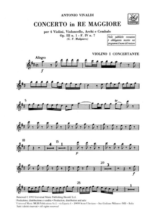 Vivaldi, Antonio: CONC. PER VL. E VC. SOLISTI, ARCHI E B.C.: PER 4 VL. E 1 V C. IN RE OP.III N.1 - RV 549 - F.IV/7 / parts / Ricordi / 1990
