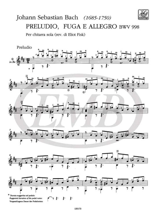 Bach, Johann Sebastian: PREL., FUGA E ALLEGRO PER LIUTO BWV 998 / Ricordi / 1990