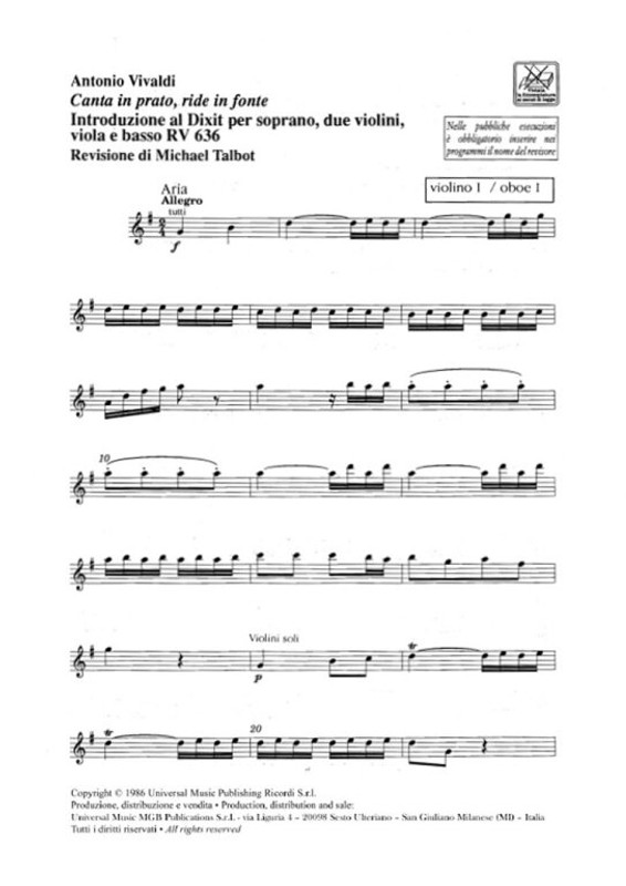 Vivaldi, Antonio: CANTA IN PRATO, RIDE IN FONTE. INTRODUZIONE AL DIXIT PER S ., 2 VL., VLA E B. RV 636 / Ricordi / 1990 