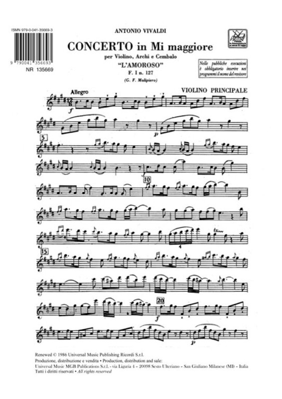 Vivaldi, Antonio: CONC. PER VL., ARCHI E B.C.: IN MI 'L'AMOROSO' RV 271 - F. I/127 / parts / Ricordi / 1991