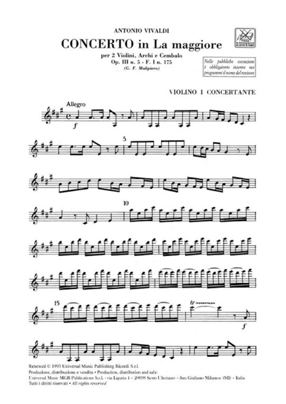 Vivaldi, Antonio: CONC. PER VL., ARCHI E B.C.: PER 2 VL. IN LA OP.III N.5 - RV 519 - F.I/175 / parts / Ricordi / 1991