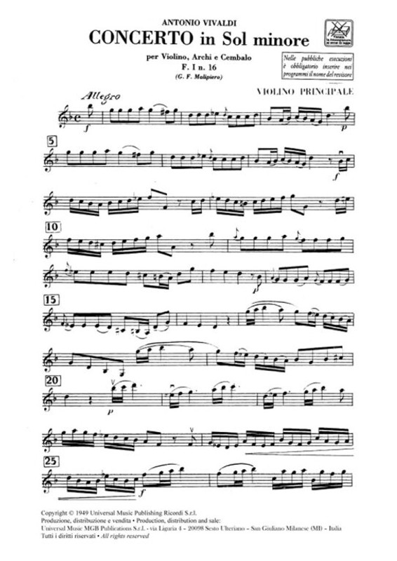 Vivaldi, Antonio: CONC. PER VL., ARCHI E B.C.: IN SOL MIN. OP.VIII N.8 - RV 332 - F.I/16 / Ricordi