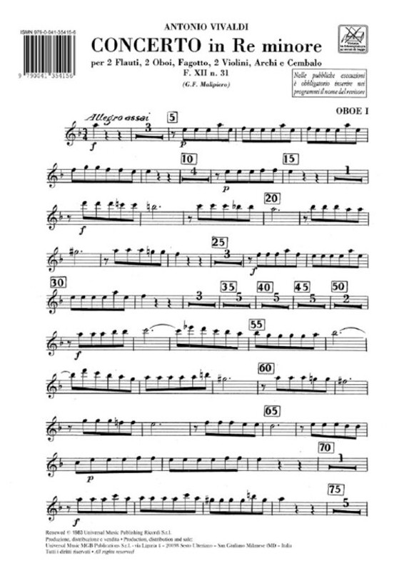 Vivaldi, Antonio: CONC. PER STRUM. DIVERSI, ARCHI E B.C.: IN RE MIN. PER 2 F L., 2 OB., FG. E 2 VL. RV 566 - F.XII/31 / parts / Ricordi / 1991