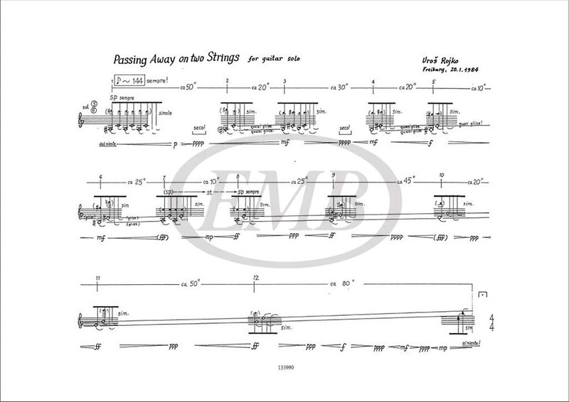 Rojko, Uros: Passing away on two strings / for guitar / score and parts / Ricordi