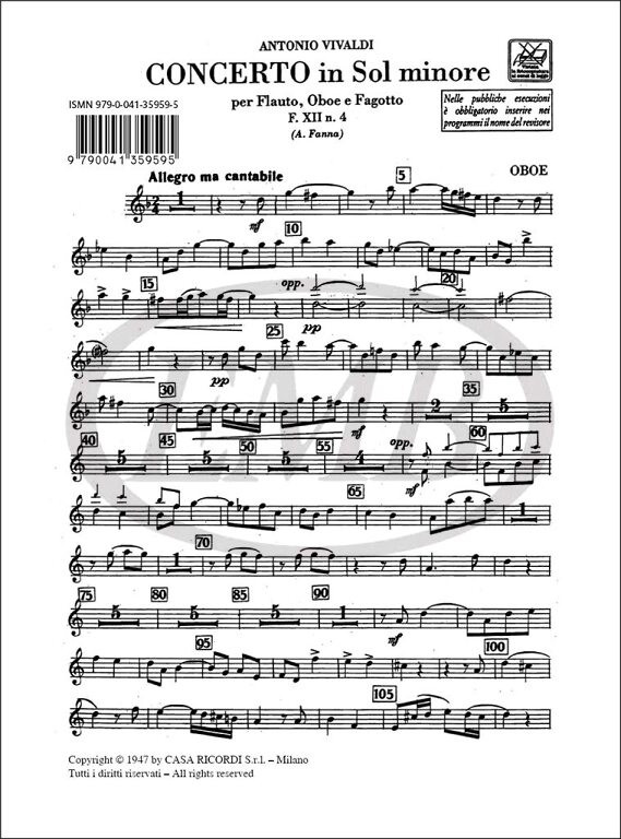 Vivaldi, Antonio: CONC. PER STRUM. DIVERSI E B.C.: IN SOL MIN. PER FL., OB. E FG. (SENZA B.C.) RV 103 - F.XII/4 / parts / Ricordi / 1992