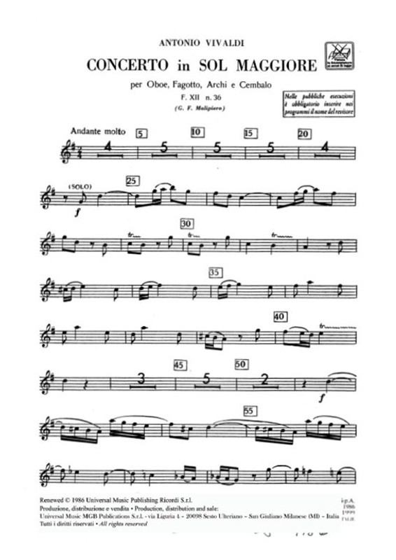 Vivaldi, Antonio: CONC. PER STRUM. DIVERSI, ARCHI E B.C.: IN SOL PER OB. E F G. RV 545 - F.XII/36 / parts / Ricordi / 1992