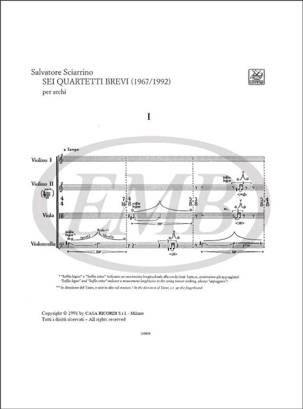 Sciarrino, Salvatore: SEI QUARTETTI BREVI PER ARCHI / PARTITURA / Ricordi / 1997