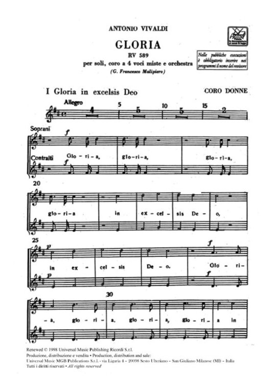 Vivaldi, Antonio: GLORIA PER 2 S. E C. SOLISTI, CORO A 4 VOCI MISTE E ORCH. RV 589 / vocal/choral score / Ricordi