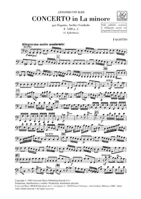 Vivaldi, Antonio: CONC. PER FG., ARCHI E B.C.: IN LA MIN. RV 498 - F.VIII/2 / parts / Ricordi / 1991