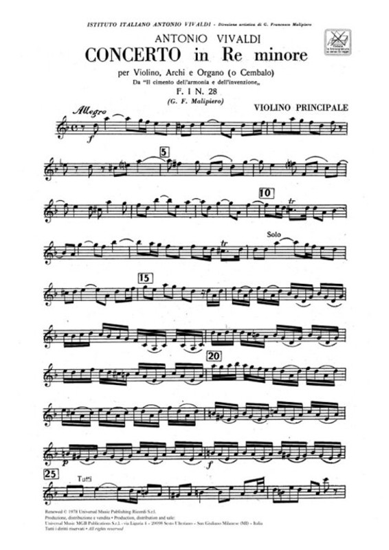 Vivaldi, Antonio: CONC. PER VL., ARCHI E B.C.: IN RE MIN. OP.VIII N.7 - RV 2 42 - F.I/28 / parts / Ricordi / 1991