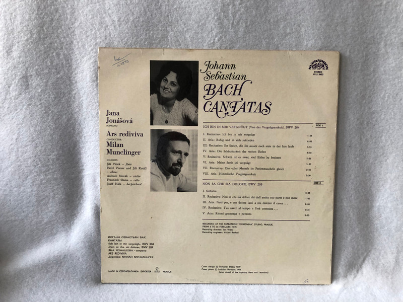 Bach - Jana Jonášová, Ars Rediviva, Milan Munclinger – Cantatas (Ich Bin In Mir Vergnügt  Non Sa Che Sia Dolore)  Supraphon  1979 LP VINYL 1112 2453