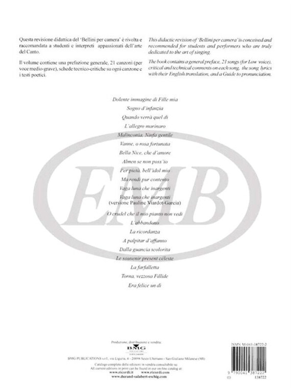 Bellini, Vincenzo: CANZONI, PER VOCE E PIANOFORTE: VOL. 2, VOCE GRAVE / REVISIONE CRITICO-TECNICA DI ELIO BATTAGLIA / Ricordi