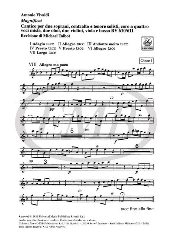 Vivaldi, Antonio: MAGNIFICAT. CANTICO PER 2 SOPRANI, CONTRALTO E TENORE SO- / LISTI, CORO A 4 VOCI MISTE, 2 OBOI, 2 VIOLINI, VIOLA E BAS / parts / Ricordi / 2001