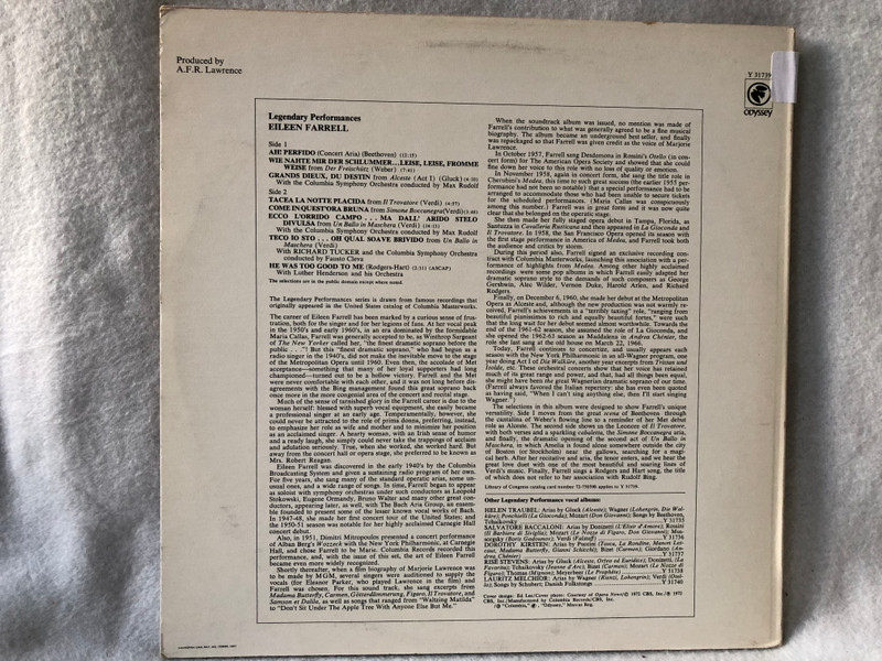 Eileen Farrell – Legendary Performances  Odyssey  1972 LP VINYL Y 31739