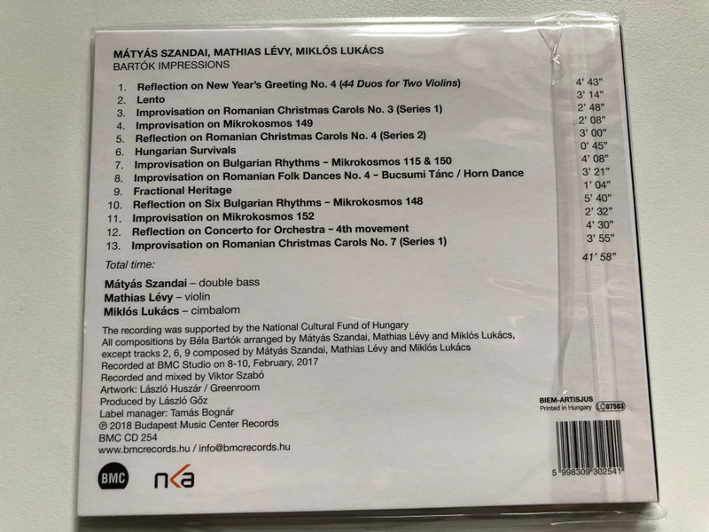 Mátyás Szandai, Mathias Lévy, Miklós Lukács – Bartók Impressions / Budapest Music Center Records Audio CD 2018 / BMC CD 254