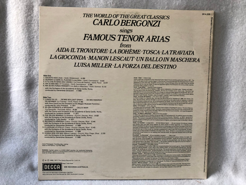 Carlo Bergonzi – Sings Famous Tenor Arias from Aida Il Trovatore La Boheme Tosca La Traviata La Gioconda Manon Lescaut Un Ballo in Maschera Luisa Miller La Forza del Destino / Decca / 1978 LP VINYL SPA 535