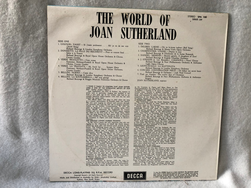 Joan Sutherland – The World Of Joan Sutherland  Decca 1970 LP VINYL SPA 100
