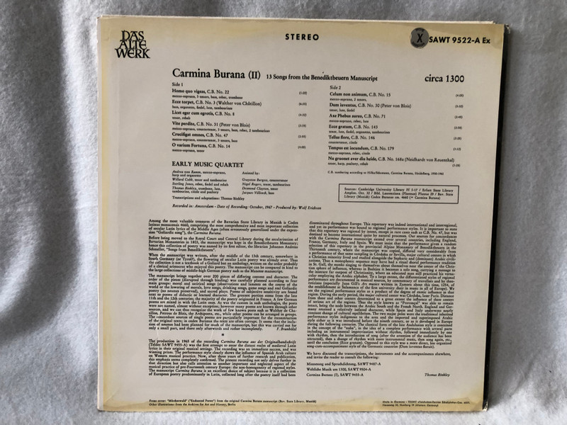 Early Music Quartet – Carmina Burana (II) - 13 Songs From The Benediktbeuern Manuscript circa 1300 / Telefunken /1968 LP VINYL SAWT 9522-A Ex