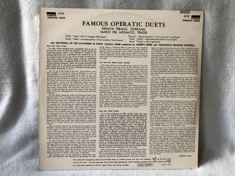 Renata Tebaldi, Mario Del Monaco – Famous Operatic Love Duets / Famous Operatic Duets / 1957 LP VINYL 5175