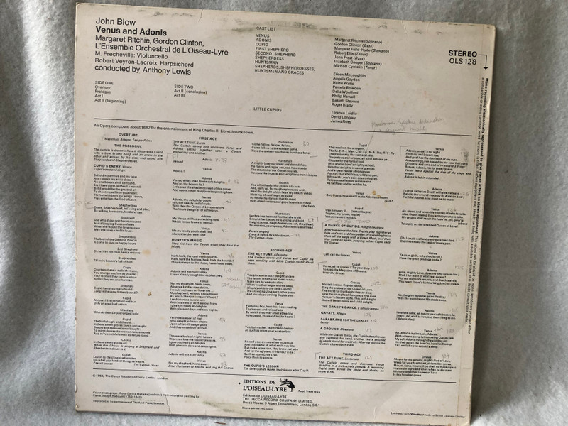 John Blow – Venus And Adonis / L'Oiseau-Lyre /1971 LP VINYL OLS 128