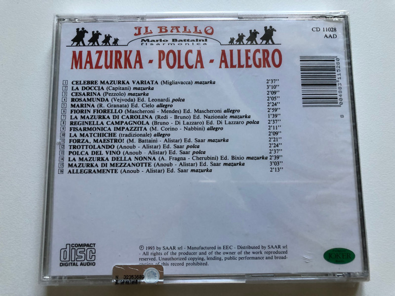 Mario Battaini fisarmonica - Mazurka; Polka; Allegro / Celebre Mazurka Variata; Rosamunda; Fiorin Fiorello; Marina; La Doccia; La Mazurka Di Carolina; Cesarina; Reginella Campagnola; Polca Del Vino / Joker Audio CD 1993 / CD 11028
