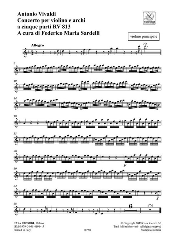 Vivaldi, Antonio: Concerto per Violino e Archi a Cinque Parti RV 813 / a cura di Federico Maria Sardelli / parts / Ricordi / 2019