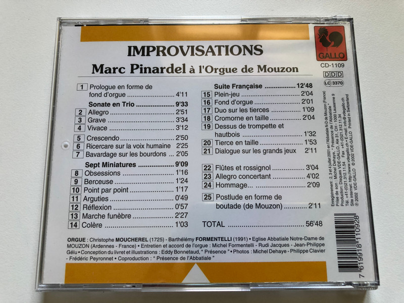 Improvisations - Marc Pinardel - À L'orgue De Mouzon / Gallo Audio CD 2002 / CD-1109