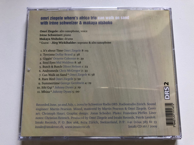 Omri Ziegele Where's Africa Trio - Can Walk On Sand - With Irene Schweizer & Makaya Ntshoko / Intakt Records Audio CD / instakt cd 167