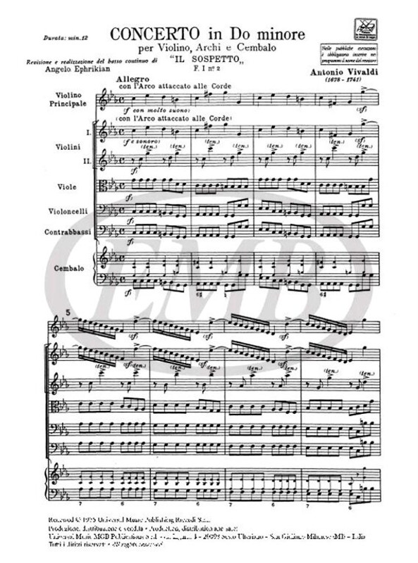 Vivaldi, Antonio: CONC. PER VL., ARCHI E B.C.: IN DO MIN. 'IL SOSPETTO' RV 1 / 99 - F.I/2 / Ricordi