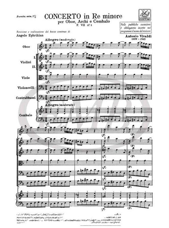 Vivaldi, Antonio: CONC. PER OBOE, ARCHI E B.C.: IN RE MIN. OP.VIII N.9 - RV / 454 - F.VII/1 / score / Ricordi