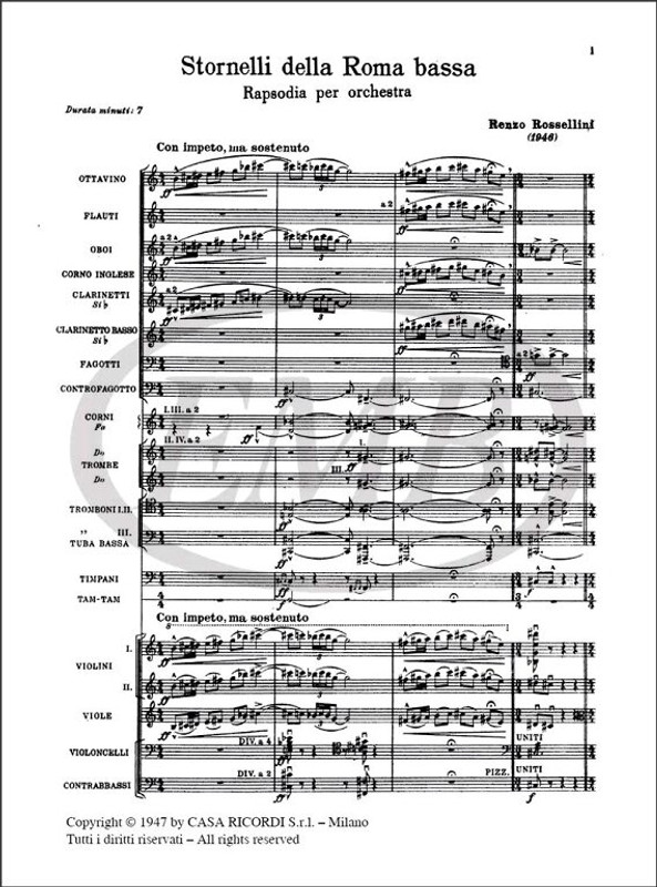 Rossellini, Renzo: PAGINE ROMANE. I: STORNELLI DELLA ROMA BASSA. RAPSODIA PER / ORCH. / Ricordi / 1984