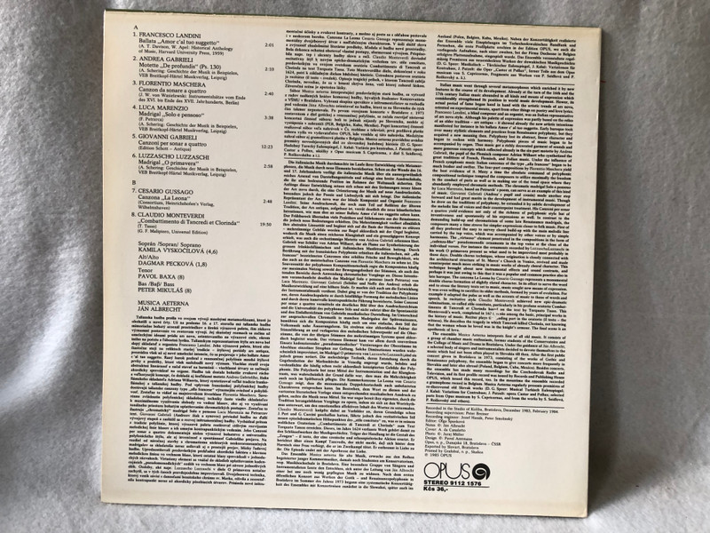 Ján Albrecht, Musica Aeterna, Kamila Vyskočilová, Dagmar Pecková, Pavol Baxa, Peter Mikuláš – Italian Renaissance And Early Baroque Music / Opus / 1985 LP VINYL Stereo 9112 1576