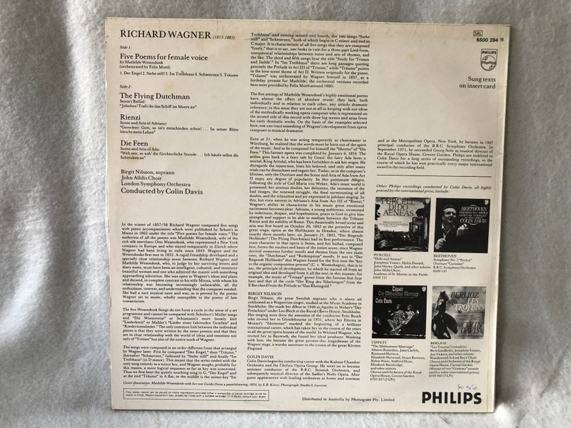 Wagner - Birgit Nilsson, London Symphony Orchestra, Colin Davis – Wesendonk Lieder  Arias From The Flying Dutchman, Rienzi And Die Feen  Philips 1971 LP VINYL 6500 294