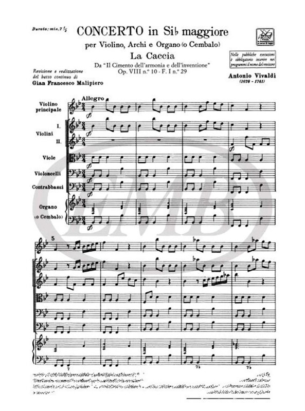 Vivaldi, Antonio: CONC. PER VL., ARCHI E B.C.: IN SI BEM. 'LA CACCIA' OP.VIII / N.10 - RV 362 - F.I/29 / Ricordi