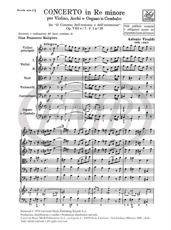 Vivaldi, Antonio: CONC. PER VL., ARCHI E B.C.: IN RE MIN. OP.VIII N.7 - RV 2 / 42 - F.I/28 / Ricordi / 1970