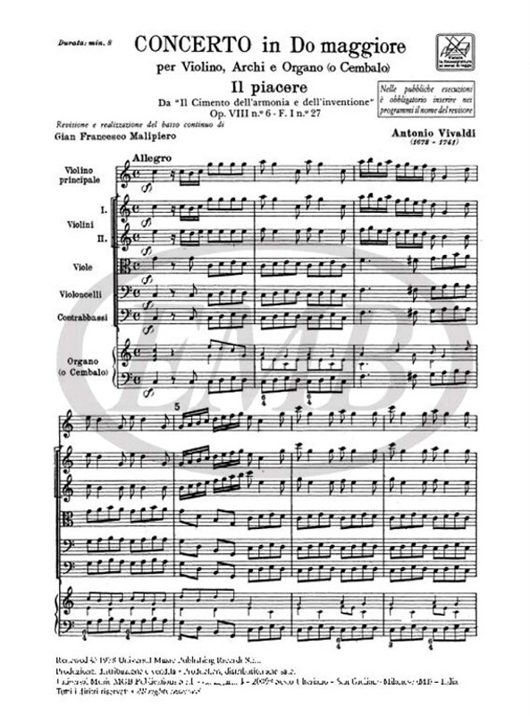 Vivaldi, Antonio: CONC. PER VL., ARCHI E B.C.: IN DO 'IL PIACERE' OP.VIII N. / 6 - RV 180 - F.I/27 / Ricordi / 1970