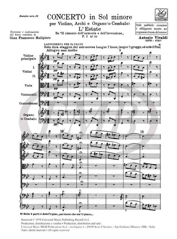 Vivaldi, Antonio: CONC. PER VL., ARCHI E B.C.: IN SOL MIN. 'L'ESTATE' OP.VII / I N.2 - RV 315 - F.I/23 / Ricordi / 1976